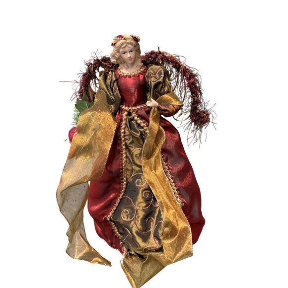 Victorian Angel Tree Topper With Gold & Red Gown - Picture 1 of 7
